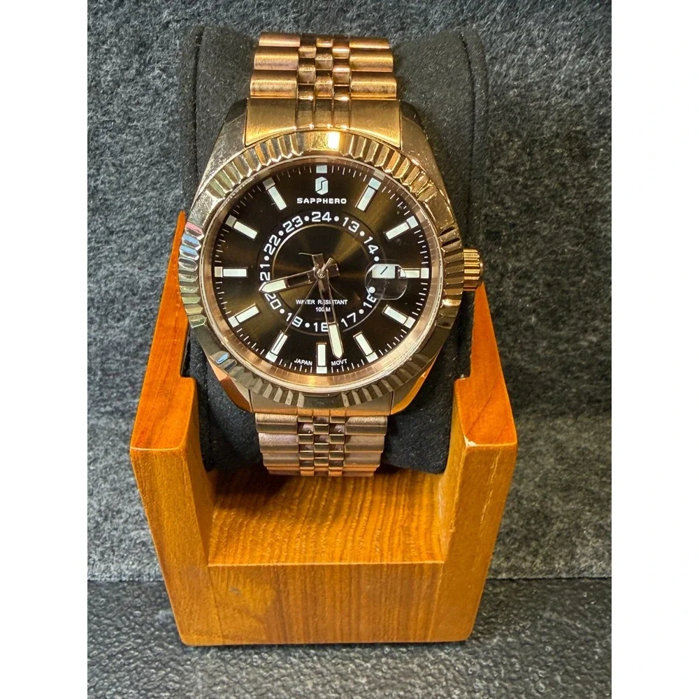 SAPPHERO SO2101S Mens Rose Gold Brown Dial Quartz Watch 42mm Jubilee New Battery